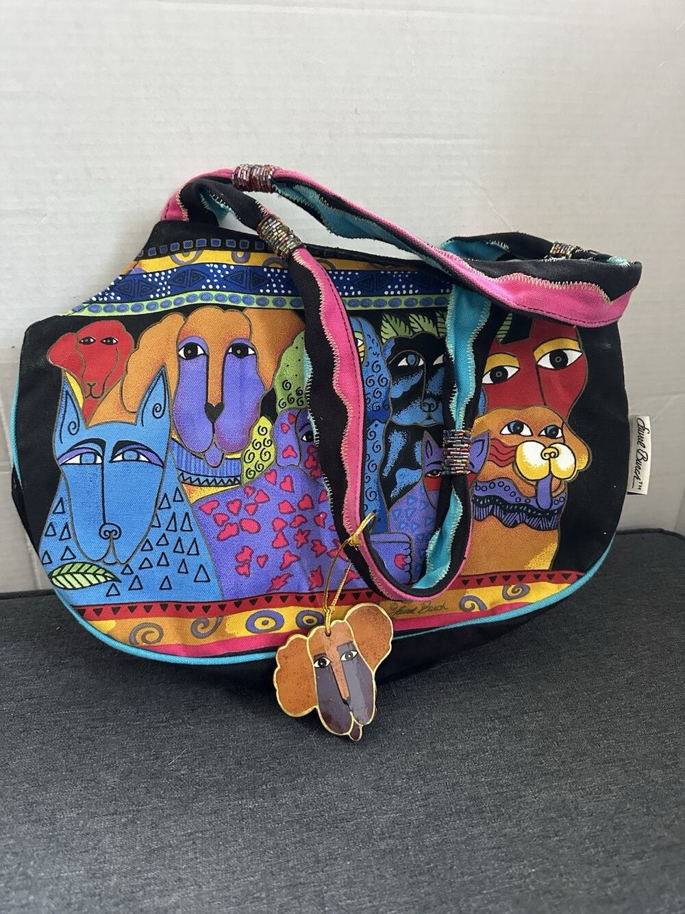 Laurel Burch Dogs Doggies Shoulder Bag Purse Beaded Handles Colorful Canvas Tag